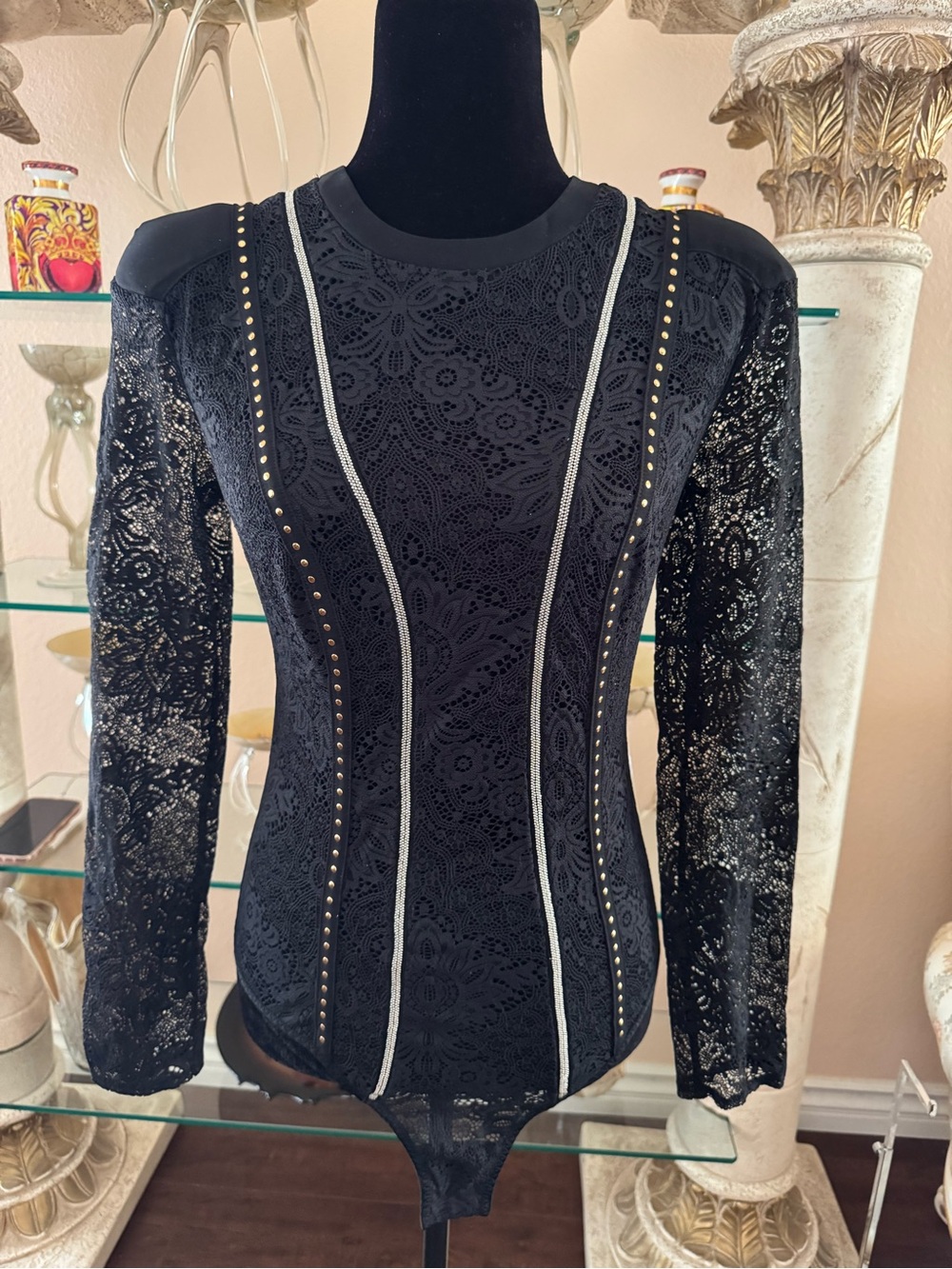 Victoria’s Secret Black Lace Long Sleeve Studded Bodysuit